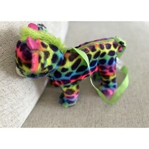 Hug Fun Purse Plush Stuffed Rainbow Colorful Leopard Cheetah Strap Zipper 9"